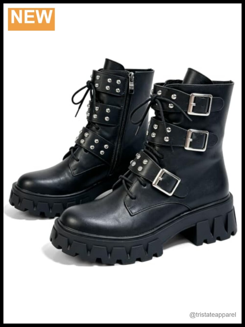 Chunky Platform Combat Boots with Side Zipper PU Leather Ankle Booties